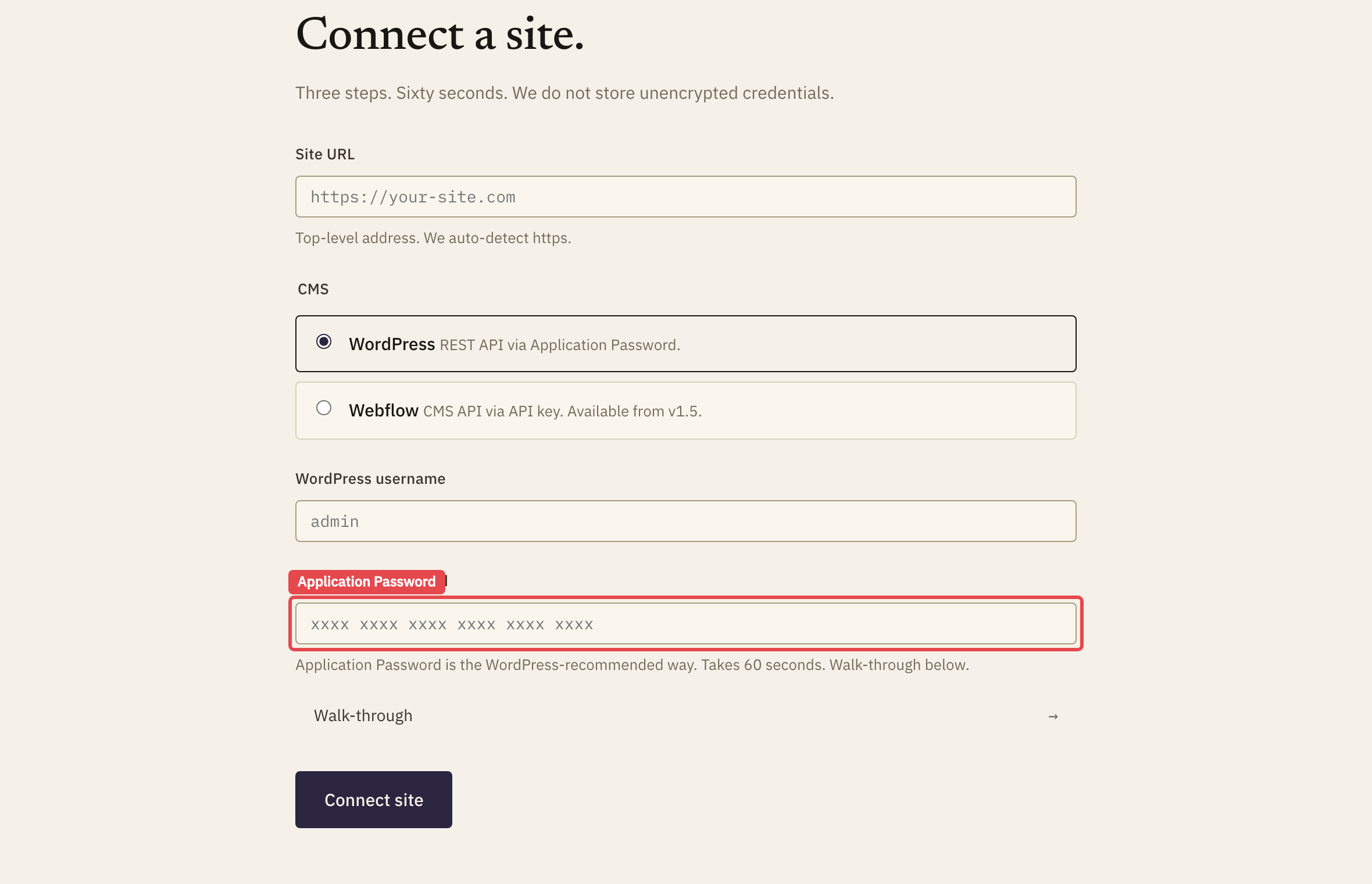 The connect-a-site screen. A red box highlights the Application Password field.
